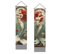 SUPERDANT Mermaid Tapestry Ocean Fish Wall Tapestry Red Hair Mermaid Wall Art Tapestries Walls Blanket 2 Long Tapestries Walls Hanging with Tassel for Living Room Bedroom Home Decor 130x33cm