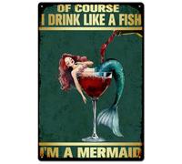 SUPERDANT Mermaid Wine Metal Signs Drinking Like a Fish Tin Signs Mermaid Drinking Bar Sign Funny Sign and Plaques Metal Wall Art for Kitchen Bars Pub Man Cave Wall Decor