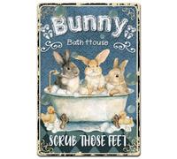 SUPERDANT Metal Signs Bath Rabbit Tin Signs Rabbit Wall Decor Farmhouse Bunny Tin Plaque For Bathroom Kitchen Coffee Bar Indoor Outdoor Gift 20x30cm