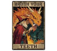 SUPERDANT Metal Signs Funny Dragon Bathroom Retro Tin Signs Brush Your Teeth Wall Decor Fade Resistant Iron Washroom Toilet Plaque Pre Drilled Quick Install For Home 11.8x7.9 Inch/30x20cm