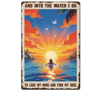 SUPERDANT Metal Signs Swimming Tin Signs Sunset and Sunrise Over The Sea Retro Metal Art Wall Decor I Go to Lose My Mind and Find My Soul for Beach Cottage Home Bathroom Gift 30x20cm
