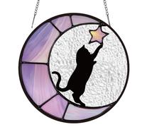 SUPERDANT Moon and Cat Painted Glass Window Hanging Black Cat Star Painted Glass Sun Catcher Suncatcher Decor for Window Garden Balcony Terrace Handmade Gifts for Women 16x16cm