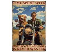 SUPERDANT Motorcycle Metal Signs Man with Dog Tin Signs Time Spent with Motorcycles and Dogs is Never Wasted Wall Plaques Motorbike Metal Sign for Man Cave Bedroom Garage Vintage Decor