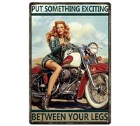 SUPERDANT Motorcycle Metal Signs Pin Up Lady Tin Signs Riding Wall Plaques Put Something Wxciting Iron Poster Art for Man Cave Garages Home Bedroom Vintage Decor