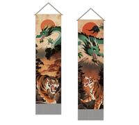 SUPERDANT Pack of 2 Dragon and Tiger Tapestry, Mountain Sun Wall Tapestry, Samurai Spirit Long Wall Hanging with Tassel Design for Living Room Bedroom Decor 130x33cm