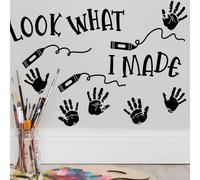 SUPERDANT Palm Print Graffiti Wall Stickers for Children Room Look What I Made PVC Wall Decals Self-Adhesive Black Encourage Text Decorative Sticker Home Living Room Bedroom Nursery 57x35CM
