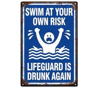 SUPERDANT Pool Warning Metal Signs 20x30cm Drowning Risk Tin Signs Wall Plaque Swim At Own Risk Notice Weatherproof Iron Decor For Backyard Fence Patio Bar