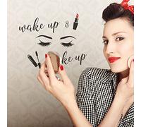 SUPERDANT PVC Wall Stickers Wake Up Make Up Eyelash Cosmetics Pattern Vinyl Lettering Wall Art Decals for Bedroom Powder Room Bathroom Decor 59x35 cm