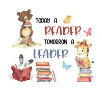 SUPERDANT Reading Wall Decal - Animals and Positive Quote 'Today a Reader Tomorrow a Leader' - Art Decoration Vinyl Stickers for Reading Room, Classroom, Library - Large Back to School Decor