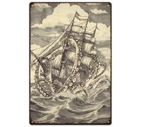 SUPERDANT Sailboat Metal Signs Octopus Tin Signs Octopus sailboat Wall Plaque Funny Signs and Plaques Metal Wall Art Poster for Boys' Room Playroom Man Cave Bar Pub Vintage Decor 30x20cm
