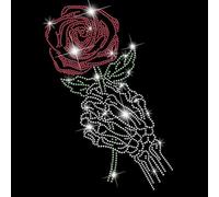 SUPERDANT Skull Rose Crystal Rhinestone Decals Skull Holds Flower Rhinestone Transfers Patches Iron on Applique Diamond Heat Transfer Sticker for Hooded Clothing Decoration