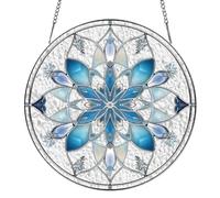 SUPERDANT Snowflake Painted Stained Glass Suncatcher Blue Flowers Suncatchers for Windows Hanging Sun Catcher Round Suncatcher Decor for Window Garden Balcony Terrace Winter Gifts for Grandma 16x16cm