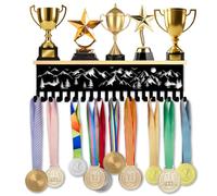 SUPERDANT Sports Medal Trophy Display Shelf Mountain Forest Black Wooden Metal Wall Mounted Award Holder with 20 Hooks Medal Hanger Display for Running Marathon Gymnastics Competition Awards 40x9cm