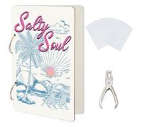 SUPERDANT Summer Beach Greeting Card Organizer Salty Soul Greeting Card Binder Ocean Beach Wooden Cards Keeper Binder 2-Rings Post Cards Album for Birthday Wedding Holiday with Punch and 20 Pockets