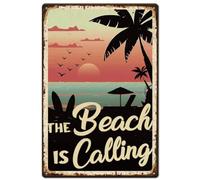 SUPERDANT Summer Beach Metal Signs the Beach is Calling Tin Signs Sunset by the Sea with Coconut Palms Poster Iron Plaques for Bars Cafe Pubs Summer Party Vintage Decor 20x30cm