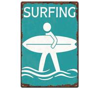 SUPERDANT Surfing Metal Signs Beach Logo Tin Signs Surfer Crossing Vintage Tin Signs Surfboard Vintage Wall Art Retro Decor for Living Room Sea Lake Bedroom Beach House Retro Metal Decor 30x20cm