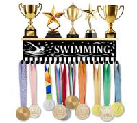 SUPERDANT Swimming Medal and Trophy Display Shelf Black Wooden Metal Wall Mounted Award Holder with 20 Hooks Medal Hanger Display for Swimming Competition Awards 40x9cm