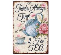 SUPERDANT Teapots and Flowers Metal Signs There's Always Time For Tea Tin Signs Metal Wall Plaques Funny Vintage Wall Art Poster for Living Room Bedroom Garden Retro Decoration Gifts for Tea Lovers