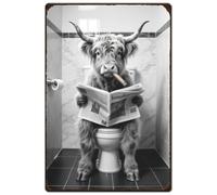 SUPERDANT Toilet Metal Signs Retro West Highland Cow with Newspaper Tin Signs Iron Wall Decor Rectangle Fun Signs for Toilet Bathroom Washroom Home Wall Art 30cm x20cm