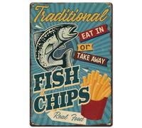 SUPERDANT Traditional Fish Chips Tin Sign Eat in or Take Away Metal Signs Food Wall Plaques Funny Signs and Plaque Iron Wall Art Poster for Kitchen Man Cave Bar Pub Vintage Decor Housewarming Gift