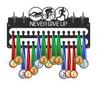 SUPERDANT Triathlon Medal Hanger Swim Run Bike Medals Holder Display Never Give Up Personalised Black Award Iron Rack Sports Metal Wall Hangers 2 Rows with 30 Hooks Gifts for Athletes