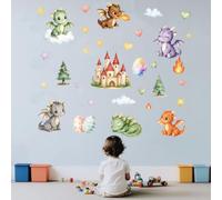 SUPERDANT Wall Decals 2 Piece Flying Dragon 35.4x23.6 Inch/90x60cm 3D Cartoon Castle Walls Art Theme Removable Wall Stickers for Playroom Nursery Kids Room Office Decor