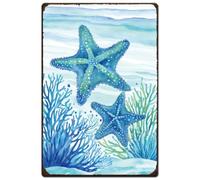 SUPERDANT Watercolour Starfish Metal Signs Retro Blue Coral Tin Signs Iron Wall Decor Rectangle Signs for Living Room Kitchen Bars Restaurants Cafe Pubs Home Wall Art 30cm x20cm