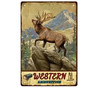 SUPERDANT Western Ammunition Tin Sign Elk Standing on Cliff White Vintage Metal Tin Signs Funny Wall Art Painting Metal Decor for Fish Tank Garage Farmhouse Home Fence Bar Room Outside