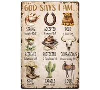 SUPERDANT Western Cowboy Metal Signs God Says I Am Strong Tin Signs Christian Bible Verses Wall Plaques Wild West Poster Art for Man Cave Home Living Room Bedroom Bar Pub Vintage Decor