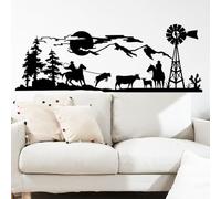 SUPERDANT Western Cowboy Wall Stickers Mountains Windmill Wall Decal Peel and Stick Large Black Vinyl Art Decor Farm Mural for Boy's Room Bedroom Livingroom Farmhouse Man Cave 128.4x46.7cm