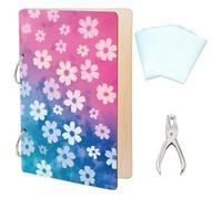 SUPERDANT White Flowers Wonderful Memories Greeting Card Organizer Set Pink Blue Wooden Card Keeper Binder Suit with 2-Ring 20 Inner Pocket and Punch for Birthday Wedding Gift 24x16cm