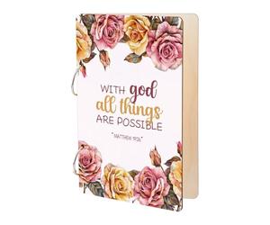 SUPERDANT With God All Things Are Possible Wooden Loose Leaf Floral Design Journal Card Keeper Inspirational Text Planner Card Holder Elegant Greeting Card Organizer Photo Album with 2-Rings