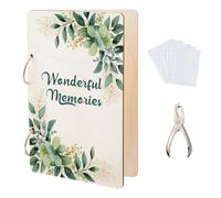 SUPERDANT Wonderful Memories Greeting Card Organizer Wedding Journal Card Keeper Green Leaves Planner Card Holder Wooden Loose Leaf Photo Album 2-Rings Cover with Punch and 10pcs Inner Pockets