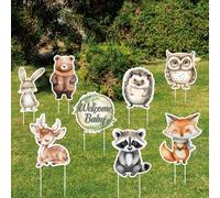 SUPERDANT Woodland Animals Baby Shower Yard Sign 8 Pieces Plastic Cartoon Forest Animals Welcome Baby Yard Signs with Stakes for Woodland Creatures Indoor Outdoor Lawn Birthday Party Decorations