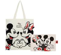 Superdiver Mickey and Mickey Mouse Shopping Bag and Clutch Bag Set - Official Licensed Disney Mickey and Minnie Mouse - Cotton and Polyester - Ideal for Daily Use or Gift - 37 x 41 cm and 22.5 x 16