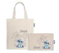 Superdiver Stitch Shopping Bag and Toiletry Set - Official Disney License - Cotton and Polyester - Ideal for Daily Use or Gift - 37 x 41 cm and 22.5 x 16 cm, Beige, Talla Unica