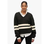 Superdry & Co Women's Pure Cotton Oversized Striped V-Neck Jumper - 10 - Dark Grey, Dark Grey,Red