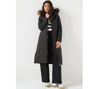 Superdry Fuji Faux Fur Hooded Longline Padded Coat, Black, Size 14, Women Black