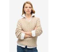 Superdry Oversized V Neck Cable Jumper, Beige, Size 14-16, Women Beige