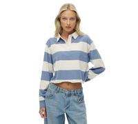 Superdry Women Ath Ess Cropped Stripe Rugby T-Shirt, Tidal Blue/Ecru, 12