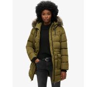 Superdry Women's Everest Mid-Length Quilted Coat with Faux Fur Trim, Dark Olive Green, 16