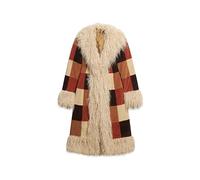 Superdry Women's Long Afghan Patchwork Coat, brown patchwork corduroy fabric, 14