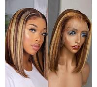 Superfect Highlight:14 Inch Ombre Honey Blonde Bob Wig Human Hair Lace Front Wigs 13x4 HD Lace Front Wig Human Hair Pre Cut Middle Part 4/27 FR