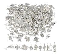 SUPERFINDINGS 120Pcs 10 Styles Fish Charms Ocean Sea Animals Charms Tibetan Style Alloy Antique Silver Pendants Metal Bulk Pendants for DIY Bracelets Necklace