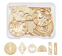 SUPERFINDINGS 12Pcs 6 Styles Brass Filigree Pendants Charms Set Golden Etched Moon Phase Charms Flat Round Pendants Metal Embellishments for DIY Jewelry Making Hole 1.4mm