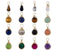 SUPERFINDINGS 16Pcs 16 Styles Mixed Gemstone Teardrop Pendants 18K Gold Plated Copper Wire Wrapped Round Pendants Quartz Crystal Stone Charms, Hole: 2mm