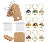 SUPERFINDINGS 18 Sets Tree of Life Party Favors Golden Tree of Life Keychains Gemstone Chip Keychain Bulk Natural Crystal Stone Keyrings with Paper Tags and Organza Bags for DIY Weddings Showers