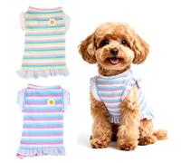 SUPERFINDINGS 2 Pcs Cute Striped Dog T Shirts 2 Colors Daisy Flower Puppy Dress 28x21cm Polyester Girls Dog Clothes Spring Summer Pet Outfits Breathable Summer Clothes for Small Dogs Cats
