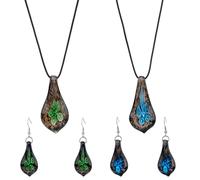SUPERFINDINGS 2 Sets 2 Colors Glass Water Drop Shape Jewelry Set Teardrop with Flower Glass Dangle Earrings Lampwork Handmade Glass Bead Geometric Pendant Necklace for Woman s