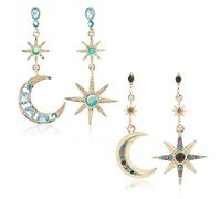 SUPERFINDINGS 2 Sets Moon and Star Drop Stud Earrings Moissanite Moon Star Drop Earrings Celestial and Crescent Earrings Colorful Rhinestone Dangling Earrings Jewelry Gift for Woman